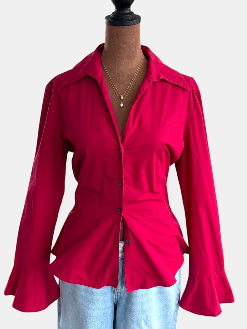 Y2K Vintage The Limited Red Bell Sleeve Fitted Blouse 2000s Top Cotton Large